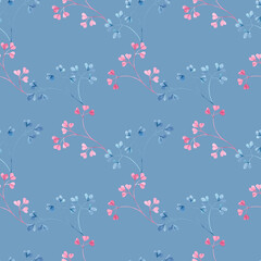 Watercolor seamless pattern with blue and pink leaf twigs, small leaves on a blue background. Botanical illustration for fabrics, dresses, interiors