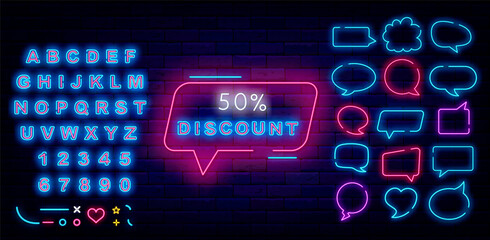 50 persent discount neon signboard. Special offer concept. Speech bubbles collection. Vector stock illustration