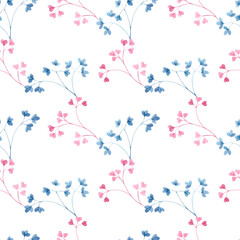 Watercolor seamless pattern with blue and pink leaf twigs, small leaves on a white background. Botanical illustration for fabrics, dresses, interiors