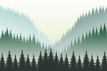 Vector panoramic landscape of fir trees in colorful hills