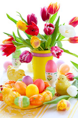 Fototapeta na wymiar easter eggs and tulips