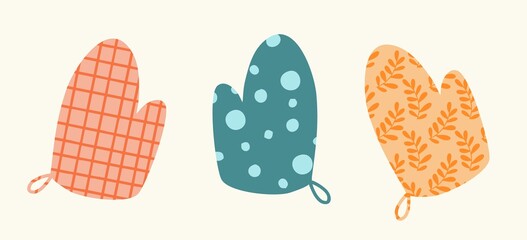 Three different oven mitts for baking, bakery and kitchen utensils. Flat design, hand drawn, cartoon.