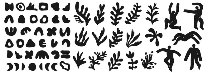 Big set of different abstract shapes, plants and characters. Hand drawn doodles. Modern fashion illustration. Flat design, cartoon hand drawn, vector.