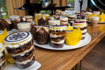stylized cakes sweet treats for children's birthday, candy bar on the banquet table