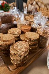 Showcase of sliced bread in the store