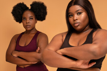 Active two plus size femal fitness trainers posing in fashionable sporty clothes together, looking at the camera. Gym, healthy lifestyle concept.
