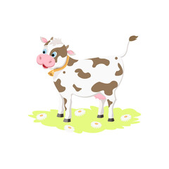 A white young cheerful cow with brown spots with a golden bell on her neck is standing on the grass. Isolated on a white background. Children's vector illustration. 