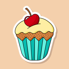 Vector cartoon cupcake sticker. Isolated sweet dessert with cherry, white border for cut