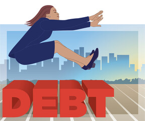 Fototapeta premium businesswoman long jumping over the distance to avoid debt on track with graphs and buildings in background
