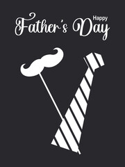 Happy Father's Day. Modern postcard with mustache and tie in black and white. 