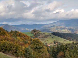 Autumn colorful leaves on the ground and on the trees. Slovakia	