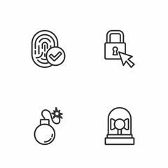 Set line Ringing alarm bell, Bomb, Fingerprint and Lock icon. Vector