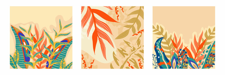 Fototapeta premium Trendy aestethic boho jungle set flyer. Abstract trendy exotic floral jungle background. Design template. Abstract nature background. Tropical foliage art cover vector.