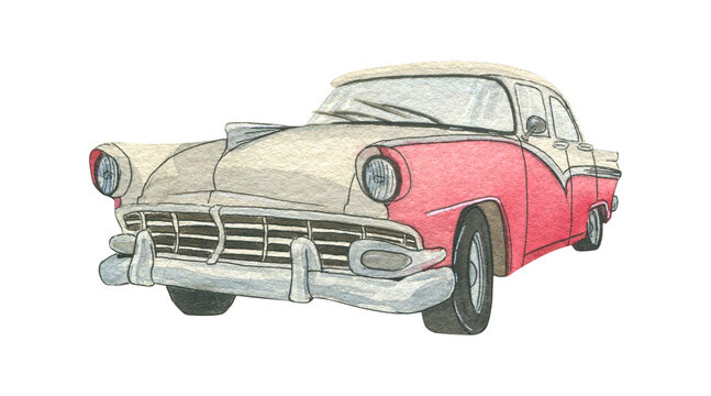 Retro car, white with pink color. Watercolor illustration. An isolated object from a large set of CUBA. For decoration, design and compositions of souvenirs, posters, postcards, tourism advertising.