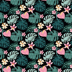 Fototapeta premium Beautiful seamless pattern tropical palm tree leaves, monstera, hibiscus, philodendron, exotic flants, flowers For wall art, posters, textile, paper, fabric Vector illustration