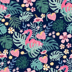 Flamingo bird seamless pattern with tropical leaves , flowers, liana, monstera pattern  Vector illustration
