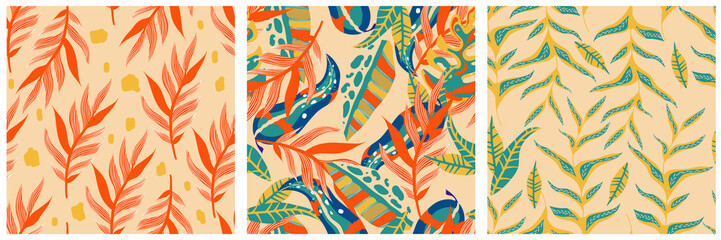 Aesthetic boho jungle seamless pattern set for print design. Boho botanical collection tropic floral background. Modern exotic floral jungle pattern. Geometric texture. Print design
