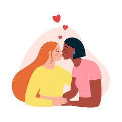 Lesbian kiss. Female hugging and kissing. Lgbt girls. Homosexual sweetheart couple together. Vector illustration.