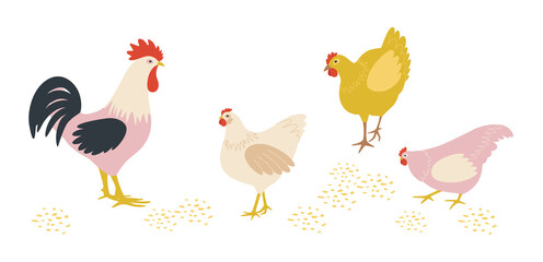 Illustration of chickens and a rooster pecking cereals. Farm birds