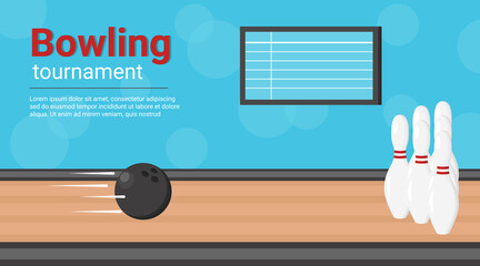 Bowling tournament vector banner. Horizontal poster with ball and pins on bowling alley. - obrazy, fototapety, plakaty