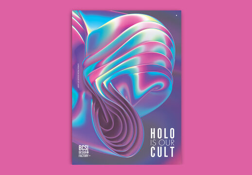 Creative Poster Layout with 3D Geometric Iridescent Holographic Shape