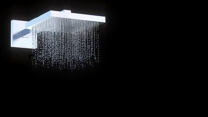 Metal shower with water on a black background. Glow effect. Copy space. 3d rendering animation