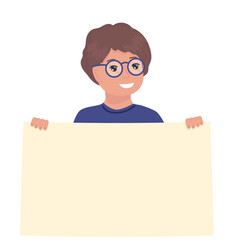 Happy Child holding poster with place for text. Smiling child with paper poster. Isolated vector illustration.