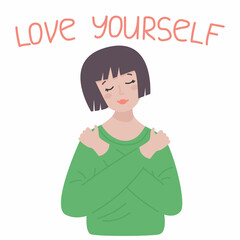 Young beautiful female wearing casual green sweater. Hugging oneself happy and positive, smiling confident. Self love and self care concept.
