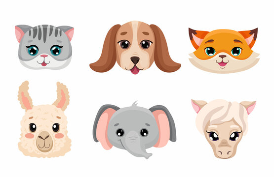 Set of cute animal face heads. Collection of baby characters in cartoon style. Vector illustration for nursery decor, children posters, birthday greeting cards, baby shower, textile printing