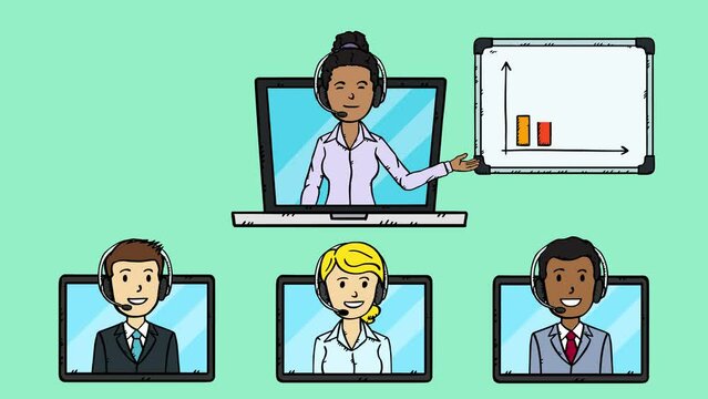 Animation of an online conference. A businesswoman leading a conference presents data shown on a flipchart. Other conference participants appear on laptop screens. Animation is in easy to edit loop