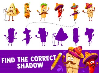 Cartoon funny mexican food characters find the correct shadow game vector worksheet. Tex-mex puzzle quiz or kids riddle, memory game of mexican burrito, taco, chili pepper and quesadilla with sombrero