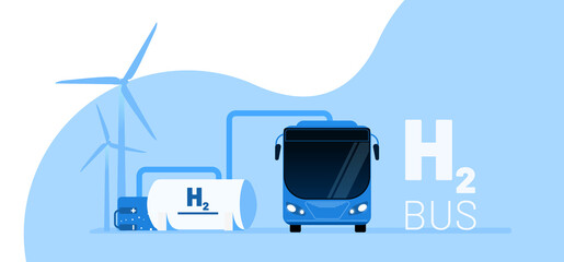 Alternative fuel vector illustration concept. Green energy and power source. Wind turbine and solar panel,bus, fuel station, fuel tank. Template for website banner, advertising campaign or news  © bgpsh