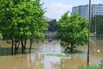 Wrocław, Kozanów housing estate, flood of May 2010. You can see residential buildings, water on...