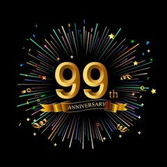 99 Anniversary celebration. Golden number 99th with sparkling confetti - obrazy, fototapety, plakaty