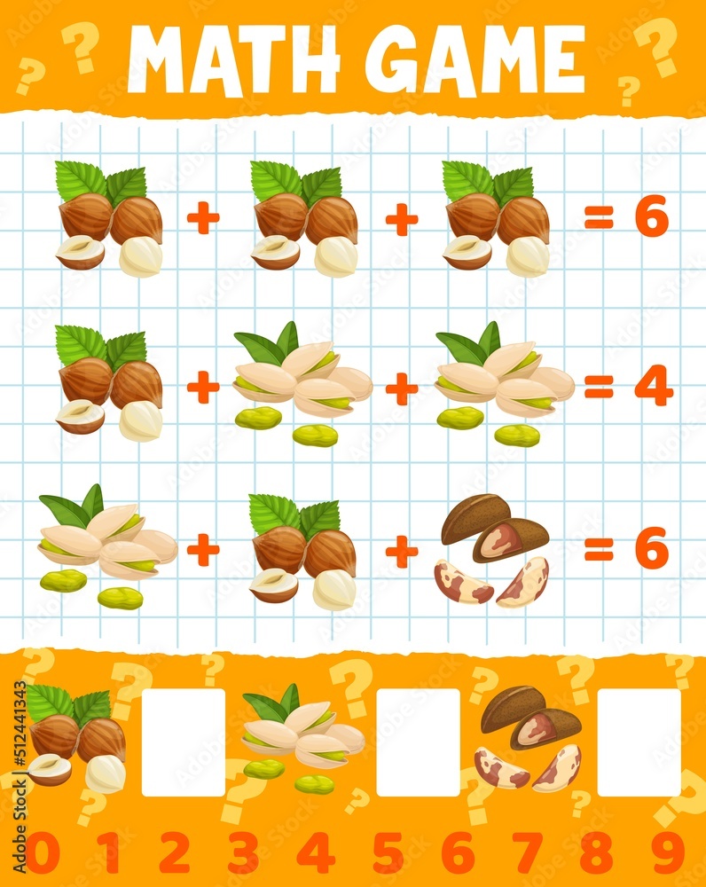 Poster pistachio, hazelnut and brazilian nuts math game worksheet. cartoon vector education maze, puzzle fo
