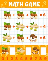 Pistachio, hazelnut and brazilian nuts math game worksheet. Cartoon vector education maze, puzzle for numeracy, addition and mathematics skills development, educational riddle for kids learn counting