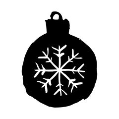 Fototapeta premium Christmas ball with snowflake icon. Black ink silhouette. Front side view. Vector simple flat graphic hand drawn illustration. Isolated object on a white background. Isolate.