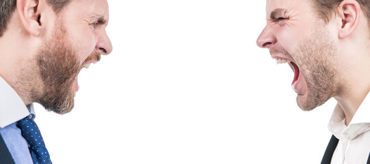 Man face portrait, banner with copy space. disrespect and contradiction. business partners blame...