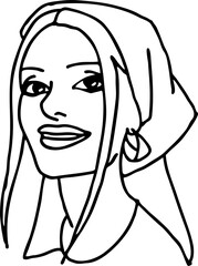 Beautiful girl wear romantic scarf. Pretty woman with attractive face, bright eyes and lips. Fashion model dress summer hat. Hand drawn vector illustration. Old style comic cartoon character drawing.