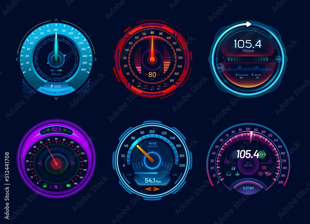 Aufkleber Car speedometer gauges, speed meter neon digital display dials. Isolated vector auto vehicle dashboard indicators, internet download and upload test scale, futuristic speed measurement