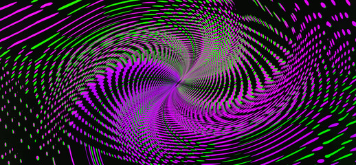 Neon green and purple pink swirl on black background. Optical illusion. Innovation technology concept. Art trippy digital screen. Luxury Backdrop. Banner. Template. NFT card. Virtual reality. Violet.