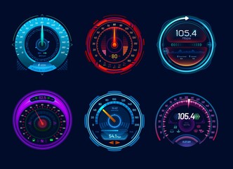 Fototapeta Car speedometer gauges, speed meter neon digital display dials. Isolated vector auto vehicle dashboard indicators, internet download and upload test scale, futuristic speed measurement obraz