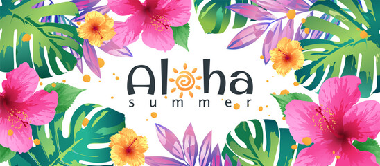 Aloha summer background decorated with hibiscus flowers and tropical leaves on white background. Template for fashion ads, horizontal poster and social media © sophonk