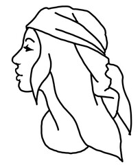 Beautiful girl wear romantic scarf. Pretty woman with attractive face, bright eyes and lips. Fashion model dress summer hat. Hand drawn illustration. Old style comic cartoon character drawing.