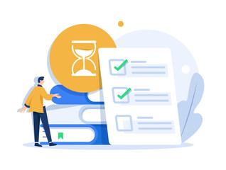 Exam preparation, school test, examination concept, checklist and hourglass, choosing answer, questionnaire form, education