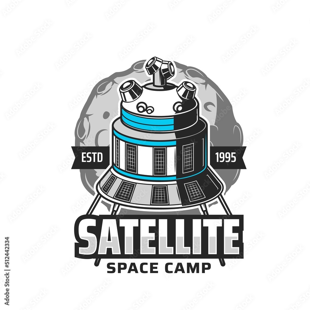 Aufkleber satellite icon, space exploration and galaxy discovery camp project, vector emblem. orbital station 