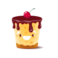 Cartoon cake character with chocolate cream and cherry on top. Isolated vector kawaii pie dessert with dripping choco sauce. Confectionery personage for fast food cafe, kids menu bakery, patisserie