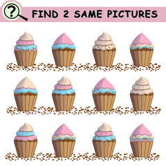 Find same pictures with cupcakes. Educational logical game for children. Vector illustration.