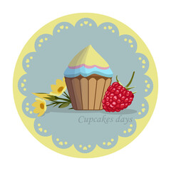 Cupcake, flowers, raspberry on round pattern frame. Vector illustration.