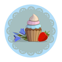 Cupcake, flowers, strawberry on round pattern frame. Vector illustration.